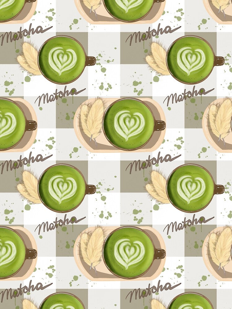 Matcha Latte Heart Art - Green Tea Gingham Pattern by dreamseller88