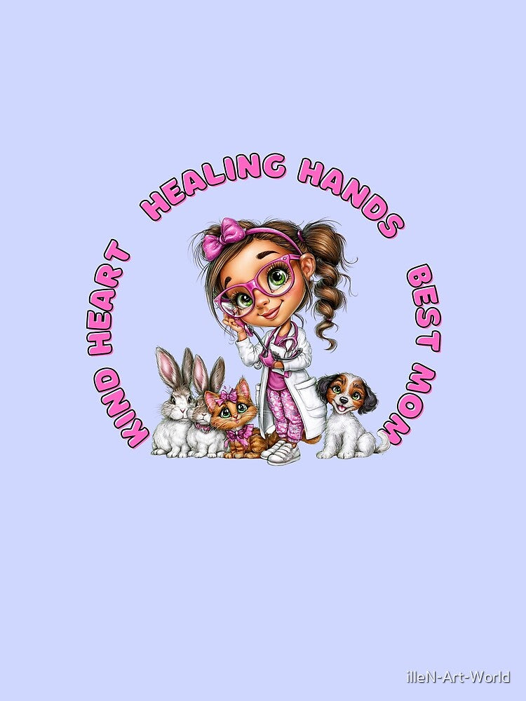 Vet Mom Gift - Cute Veterinarian with Animals Illustration by illeN-Art-World