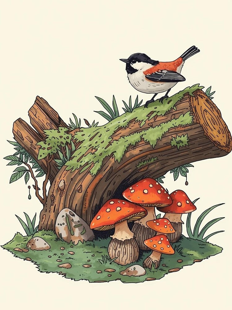 Forest Charm – Bird and Mushrooms on a Log by Buble7