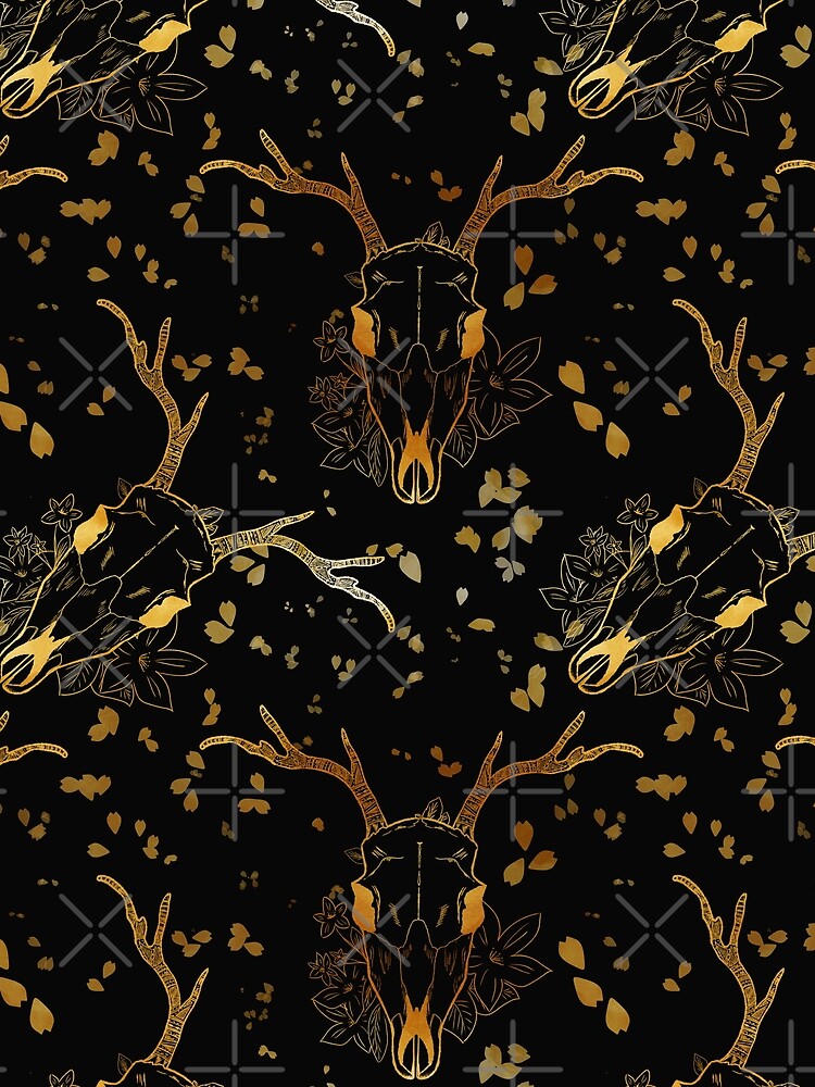 Whimsigoth Golden Deer Skull Floral Pattern on Black Background by Little Wimbly
