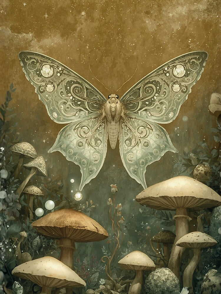 Celestial Moth and Mushroom Forest Fantasy Art by ArtDesignRemix