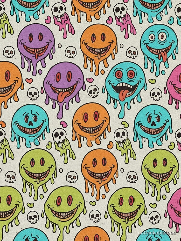 Psychedelic Grin & Grim: Melting Smiles and Skulls Pattern by unthinkabletees