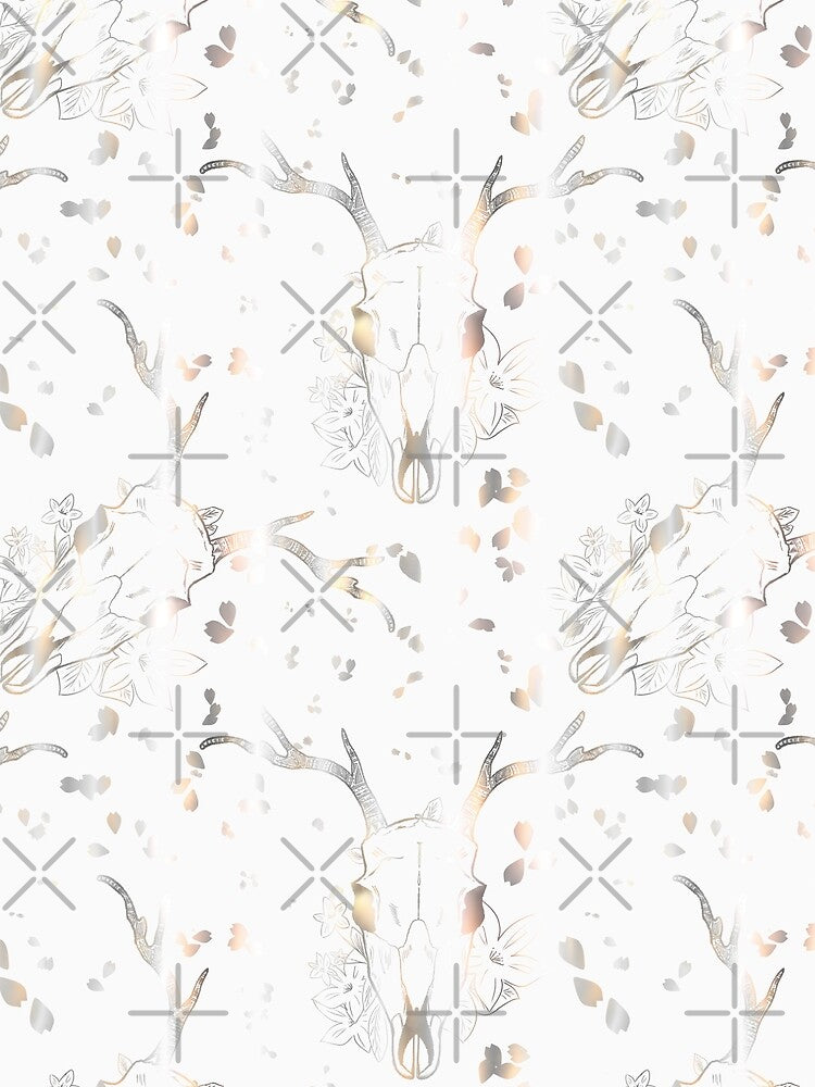 Whimsigoth Pearl Deer Skull Floral Pattern on White by Little Wimbly