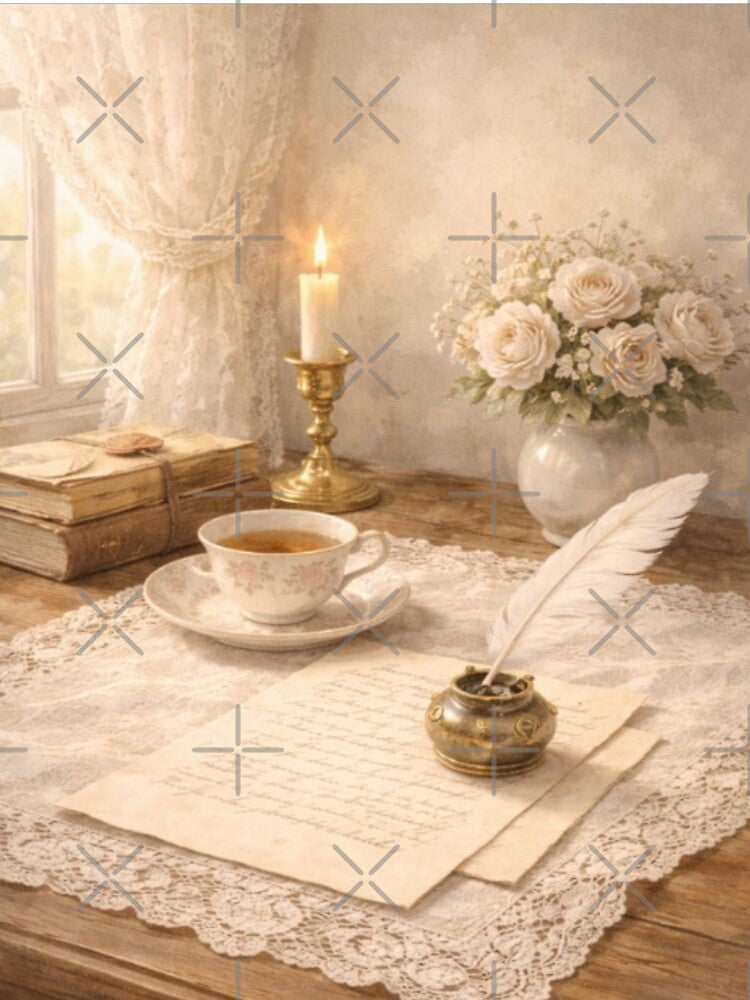 Minimal Lace Writing Nook – Tea Cup, Candle & Feather Pen (Victorian) by ArtFreshStudio
