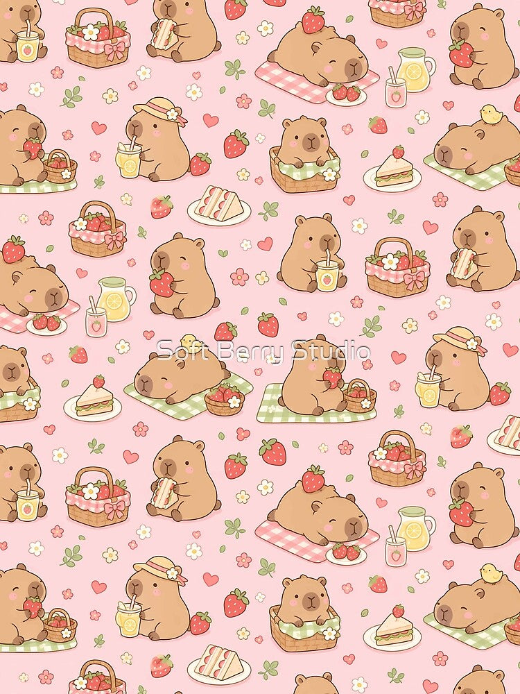 Capybara Strawberry Picnic Pattern by Soft Berry Studio