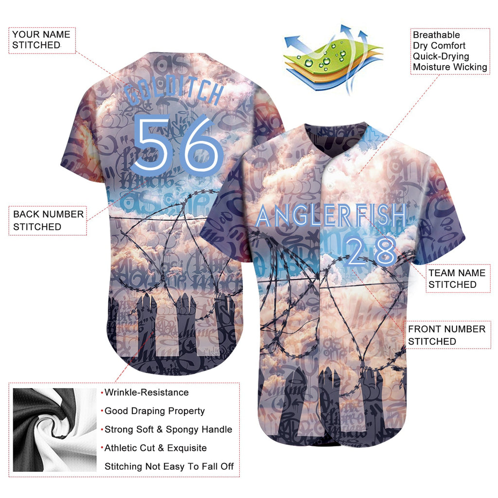 Custom Graffiti Pattern Light Blue-White 3D Freedom Authentic Baseball Jersey
