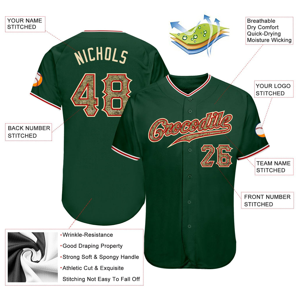 Custom Green Camo-Red Authentic Baseball Jersey