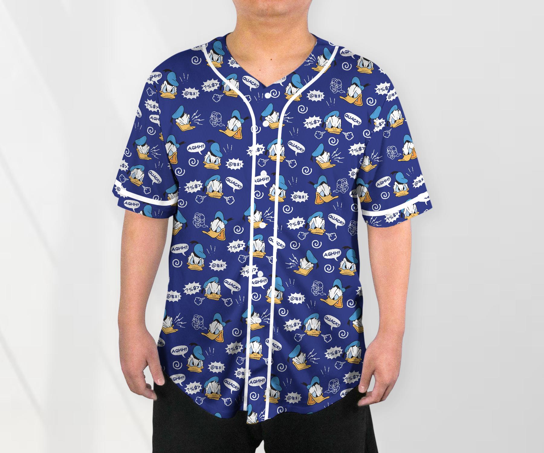 Donald Baseball Jersey Shirt, Funny Duck Button Up Shirt, Comic Style Jersey Gift for Adults, Unisex Cartoon Jersey