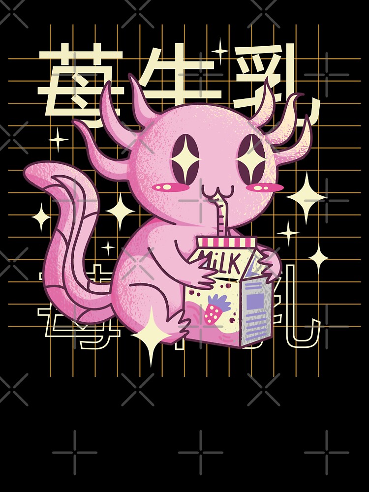 Kawaii Axolotl drinking Strawberry milk - boba tea by Paperfly Studio