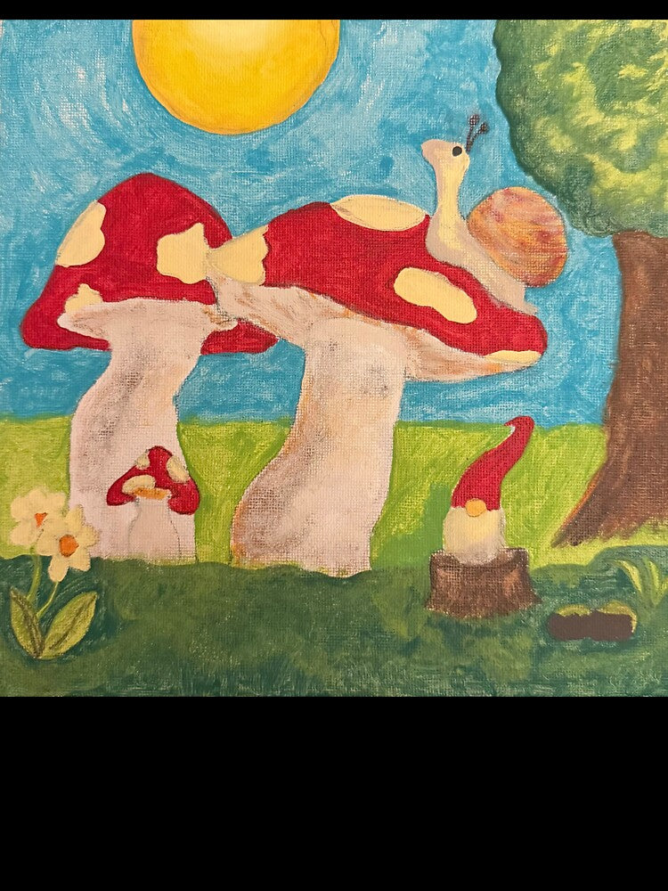 hand painted whimsical snail in the sun sitting on a mushroom w/ gnome friend by knightowl02