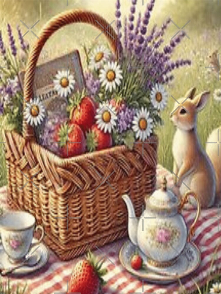 Storybook Strawberry Picnic Tea - Lavender Daisy Bunny Art by ArtFreshStudio