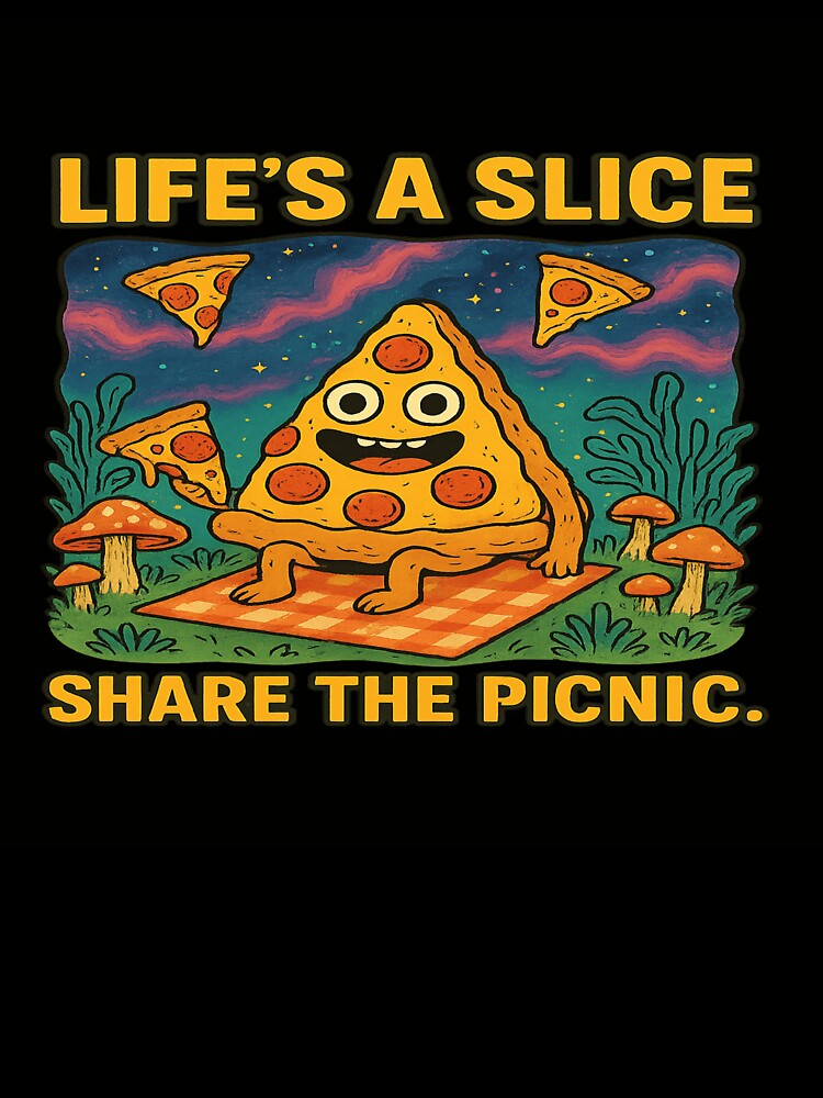 Life’s a Slice – Funny Pizza Picnic Cosmic Mushroom by POD DYNASTY | Original Print On Demand T-Shirt Graphics