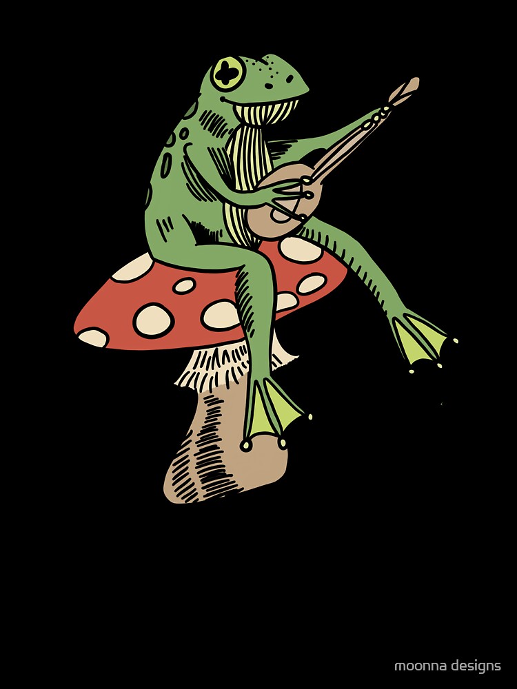 frog sitting on a mushroom playing guitar by moonna designs