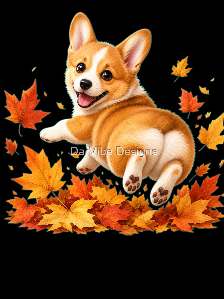 Playful Corgi Puppy in Autumn Leaves by DarVibe Designs