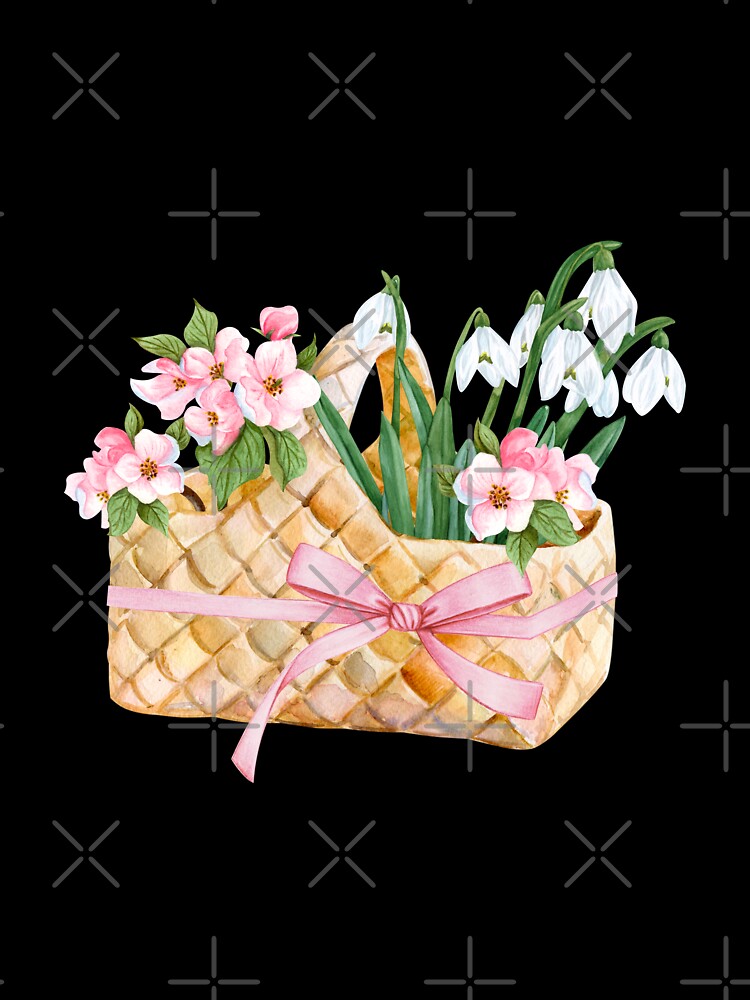 Cherry flowers and snowdrop flowers bouquet in a Wicker Picnic Basket : watercolor Spring illustration by HappyNoireArt
