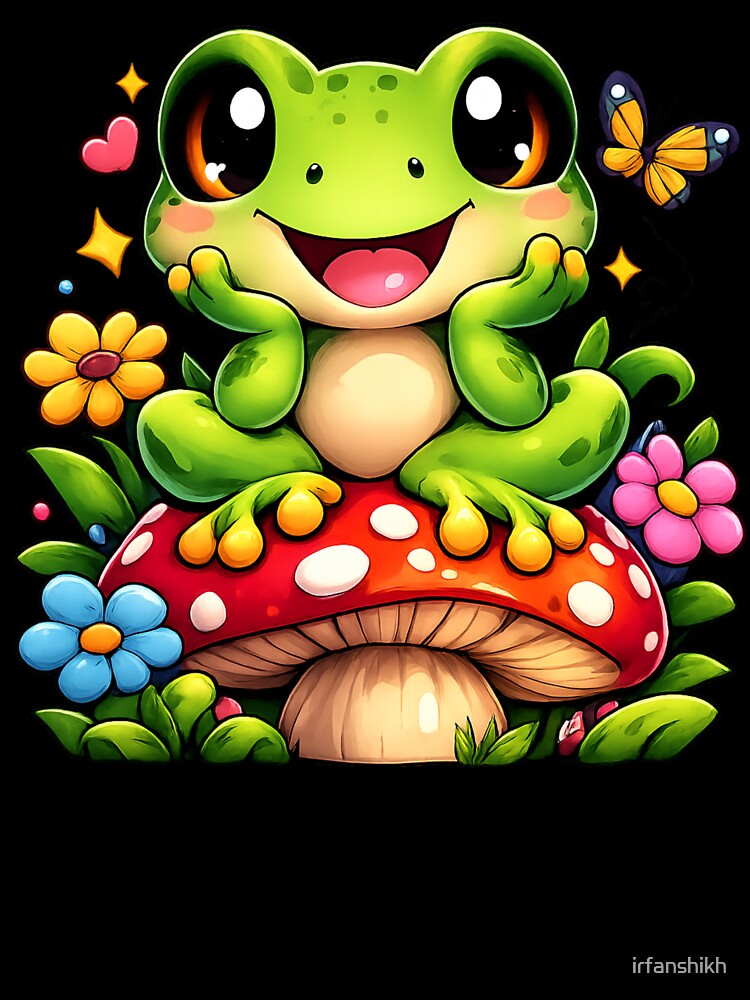 Cute Kawaii Frog Sitting on Mushroom – Happy Frog Cartoon Sticker & T-Shirt by irfanshikh