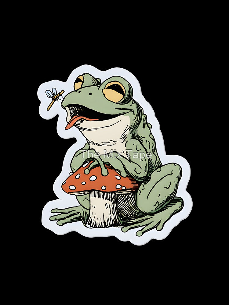 "Snack Time" Cute Frog on Mushroom Catching a Fly by The Mix Tape