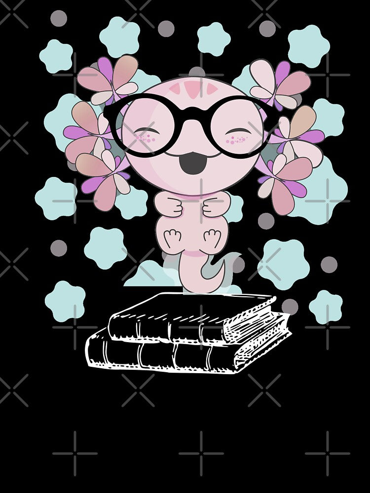 Lovely Axolotl Cute Pink Nerd with Two Books and Glasses, Axlolt, Amphibian sitting on Books by DiensDesign
