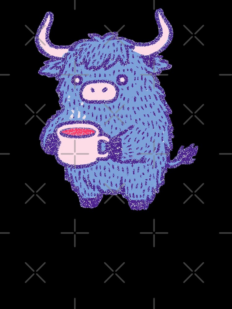 Coffee Highland Cow holding a mug, textured pastel illustration by Magnificent Lizard