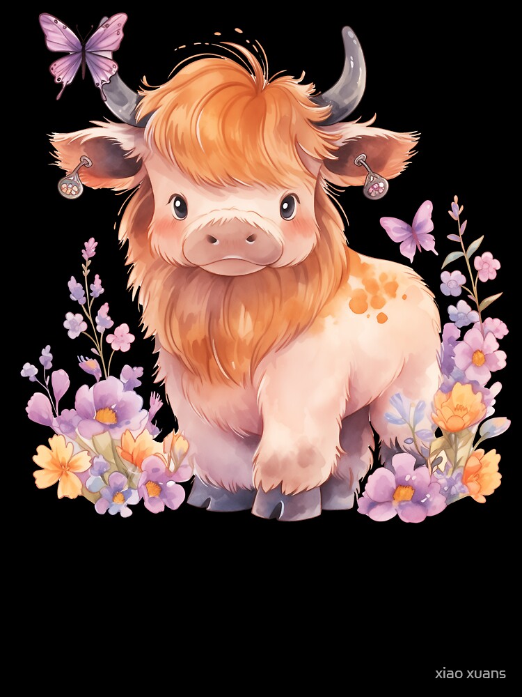 Highland cow with flowers and butterfly by xiao xuans