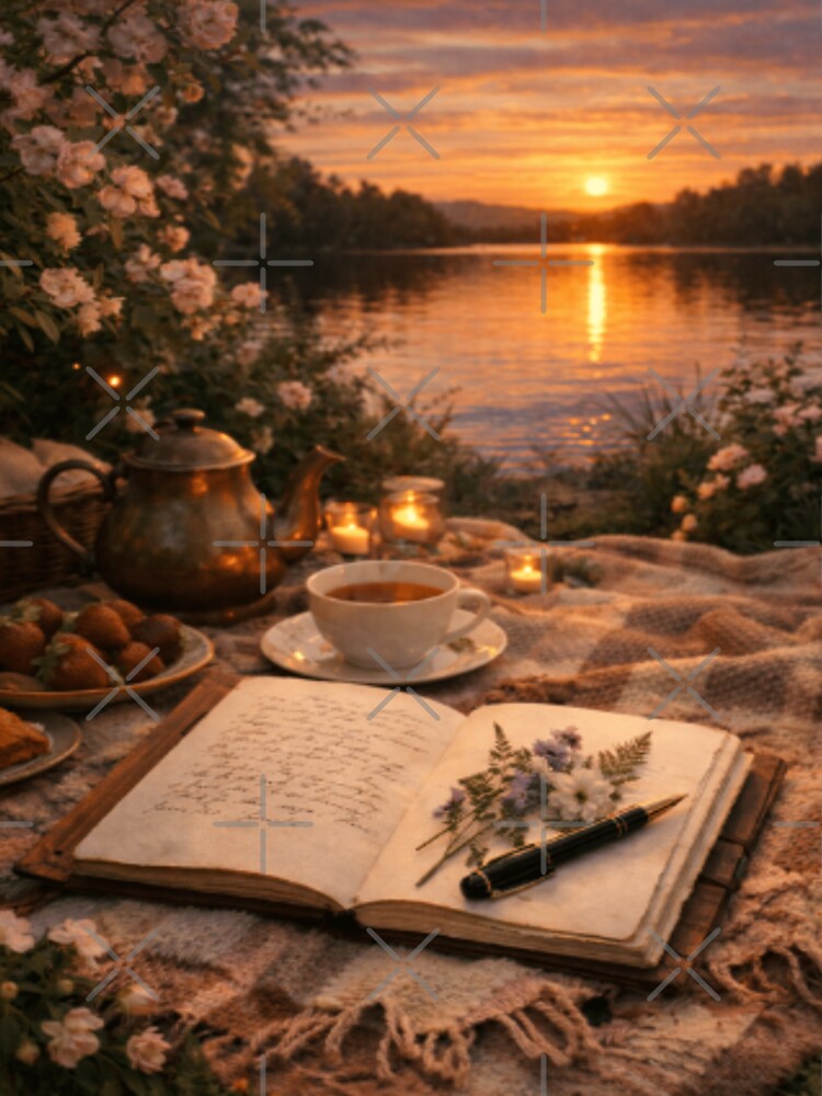 Sunset Picnic Poetry – Storybook Tea and Letters by the Lake by ArtFreshStudio