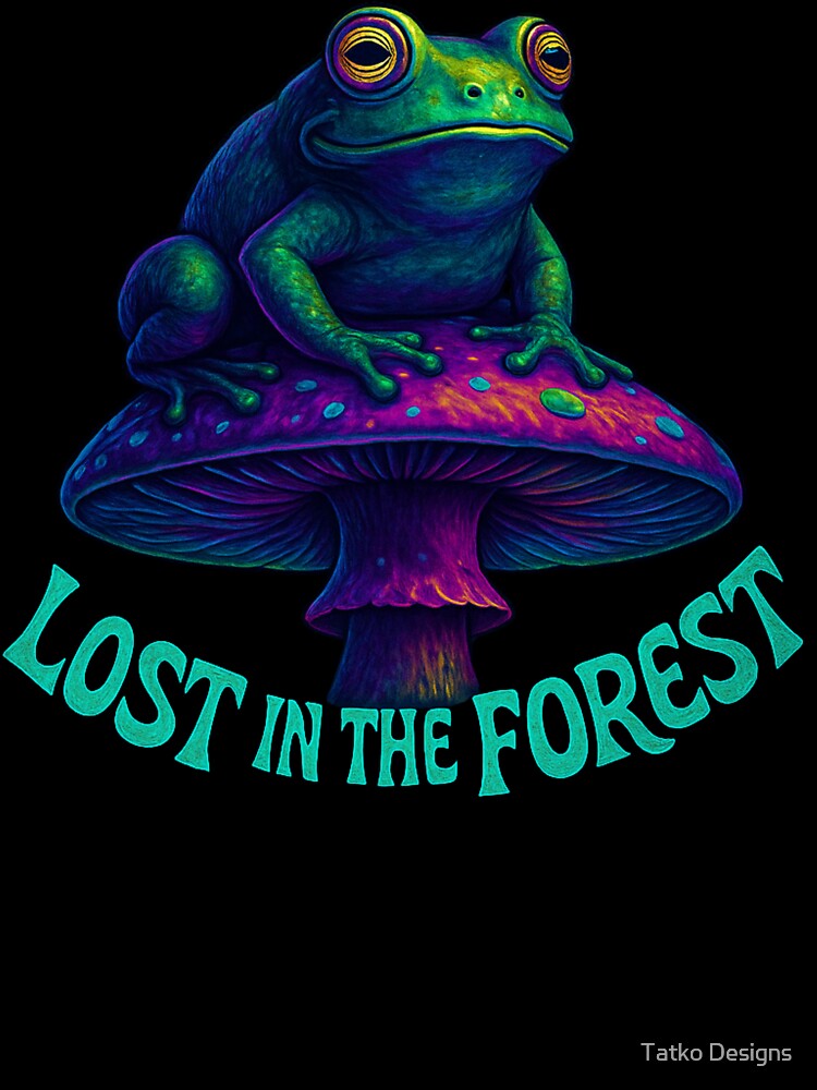 Lost in the Forest – Psychedelic Frog on Mushroom by Tatko Designs