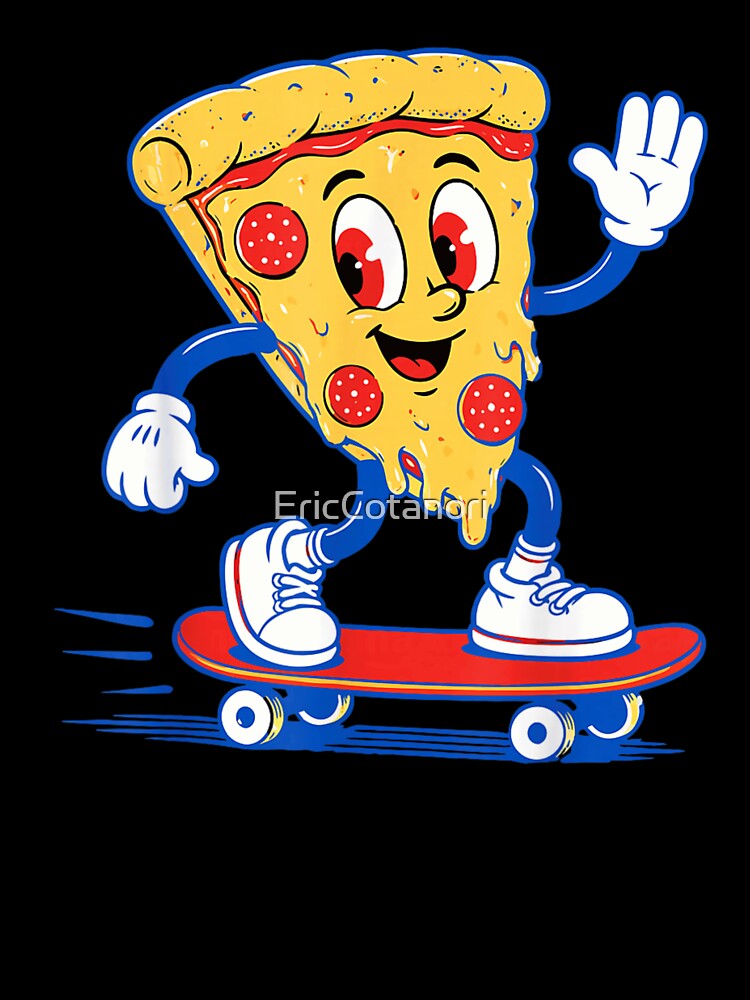 Vintage Rubber Hose Cartoon Pizza Slice Riding Skateboard Fun Food Art by EricCotanori