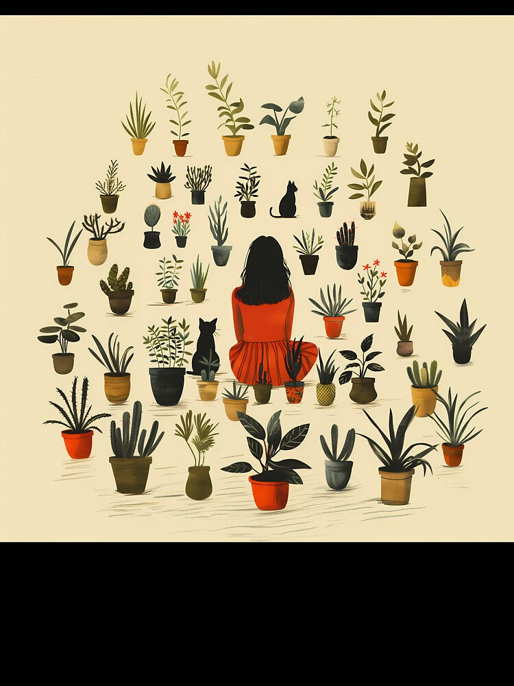 Girl with Cats and Plants – Cozy Botanical Illustration by PostcardsfromtheLaundromat