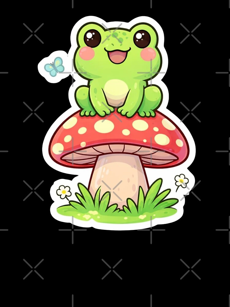Cute Frog Sitting on Mushroom Sticker – Kawaii Frog Cartoon by Dasts Cart