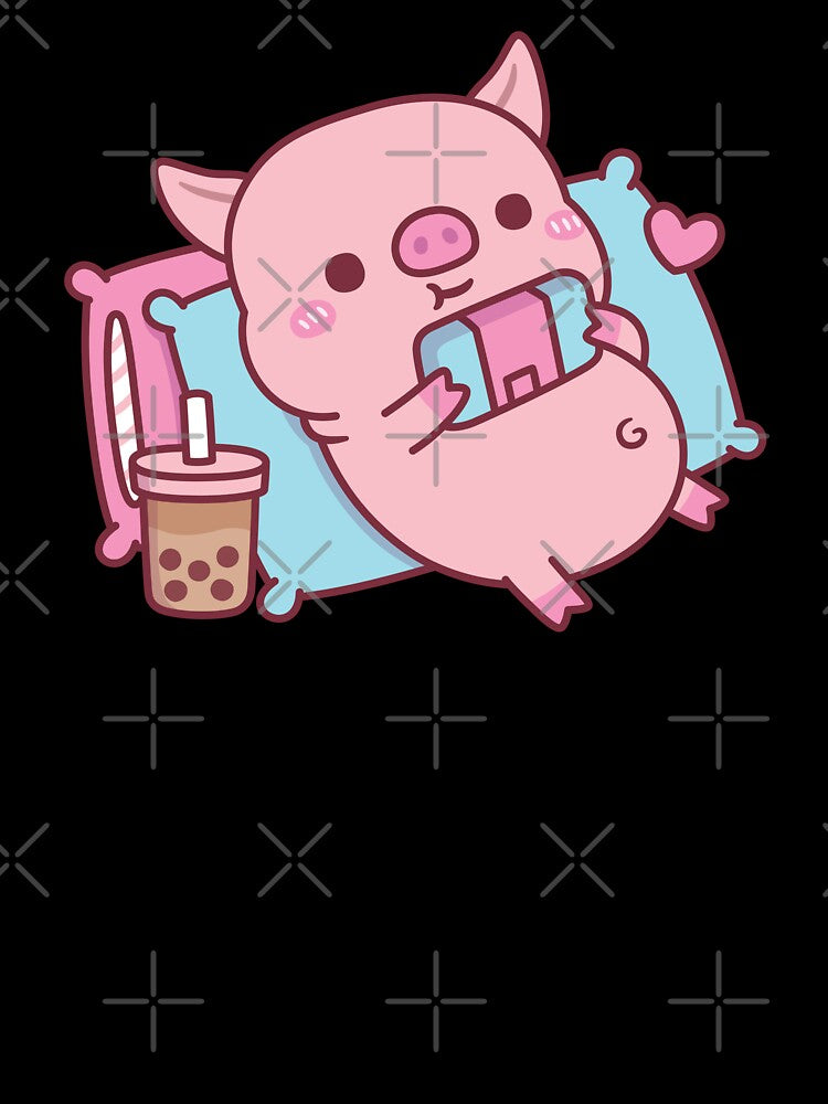 Cute Piggy Gamer Chilling With Video Games And Bubble Tea by rustydoodle