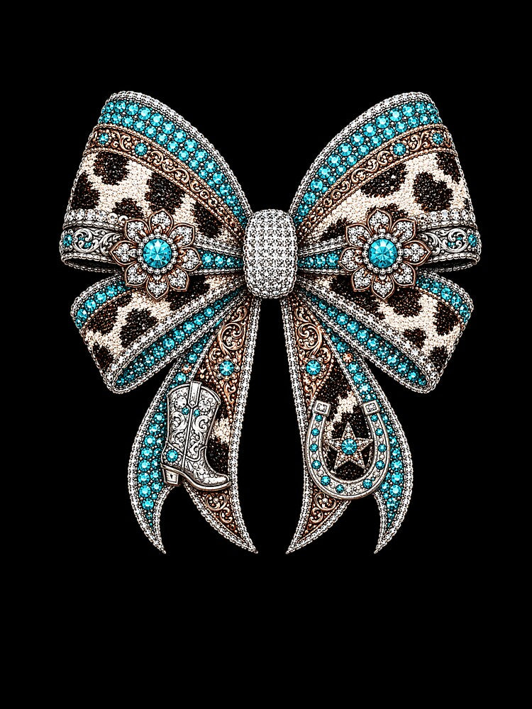 Western Cowgirl Bow Rhinestone Mosaic | Turquoise Crystal Cowgirl Bow | Country Western Gemstone Bow Design | Luxury Rodeo Glam Graphic by ColorSplash123