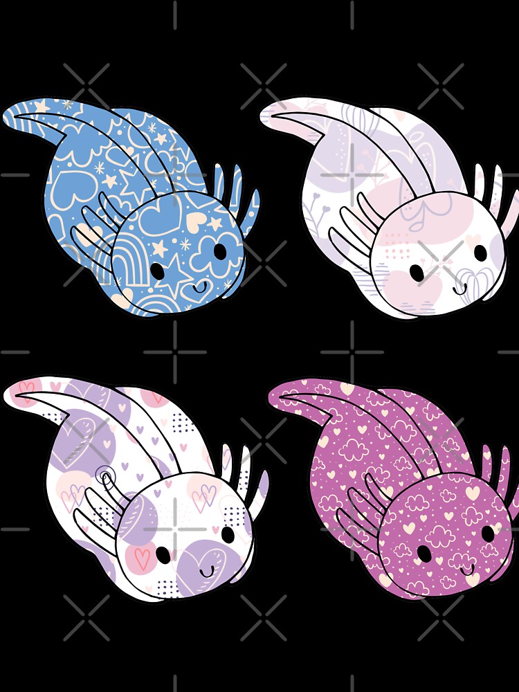 Cute Kawaii Baby Chibi Axolotl in Blue Pink and Purple Pastel Patterns by InkMemories