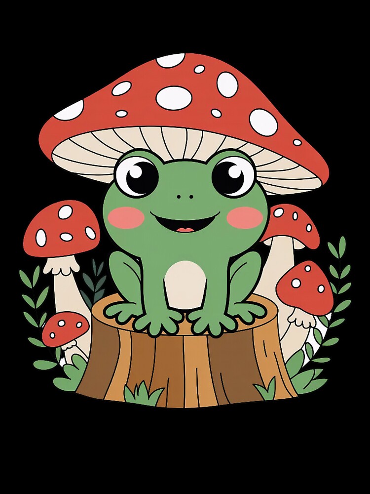 Cute Kawaii Frog with Mushroom Hat on Tree Stump Sticker by ZyxDes