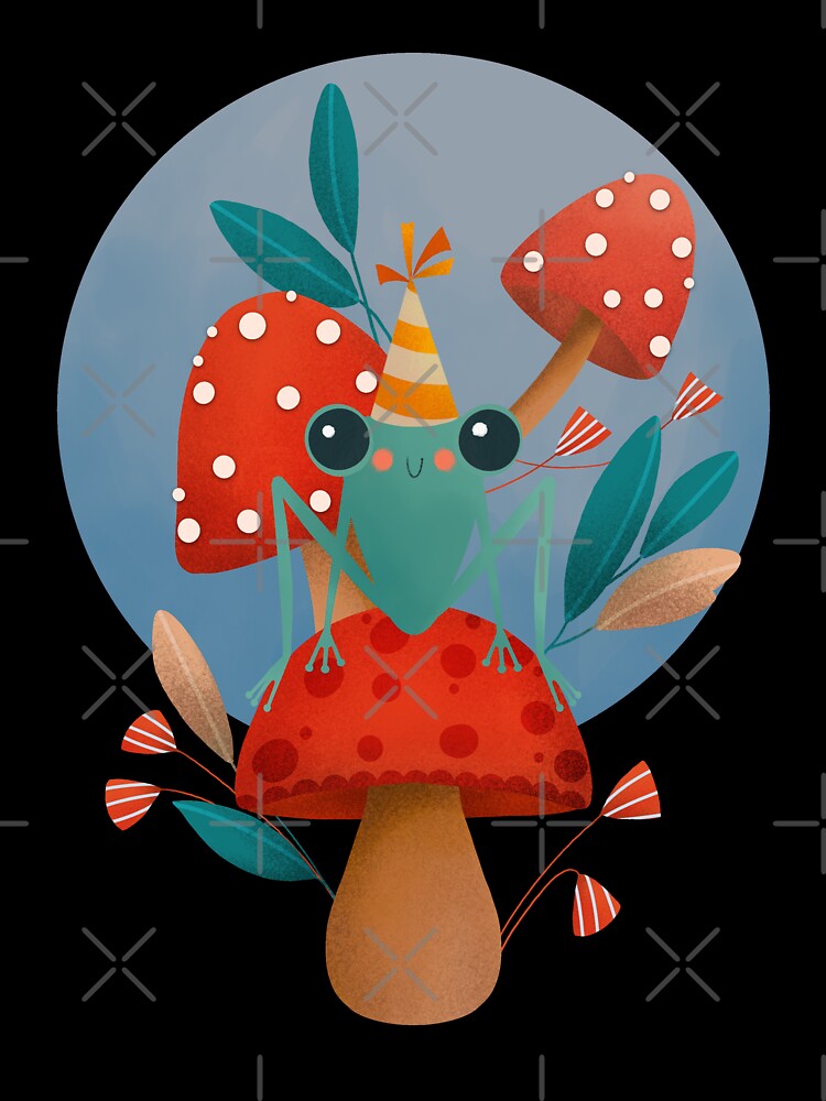 Cute Frog Resting on a Mushroom by Ilana Ewing Designs
