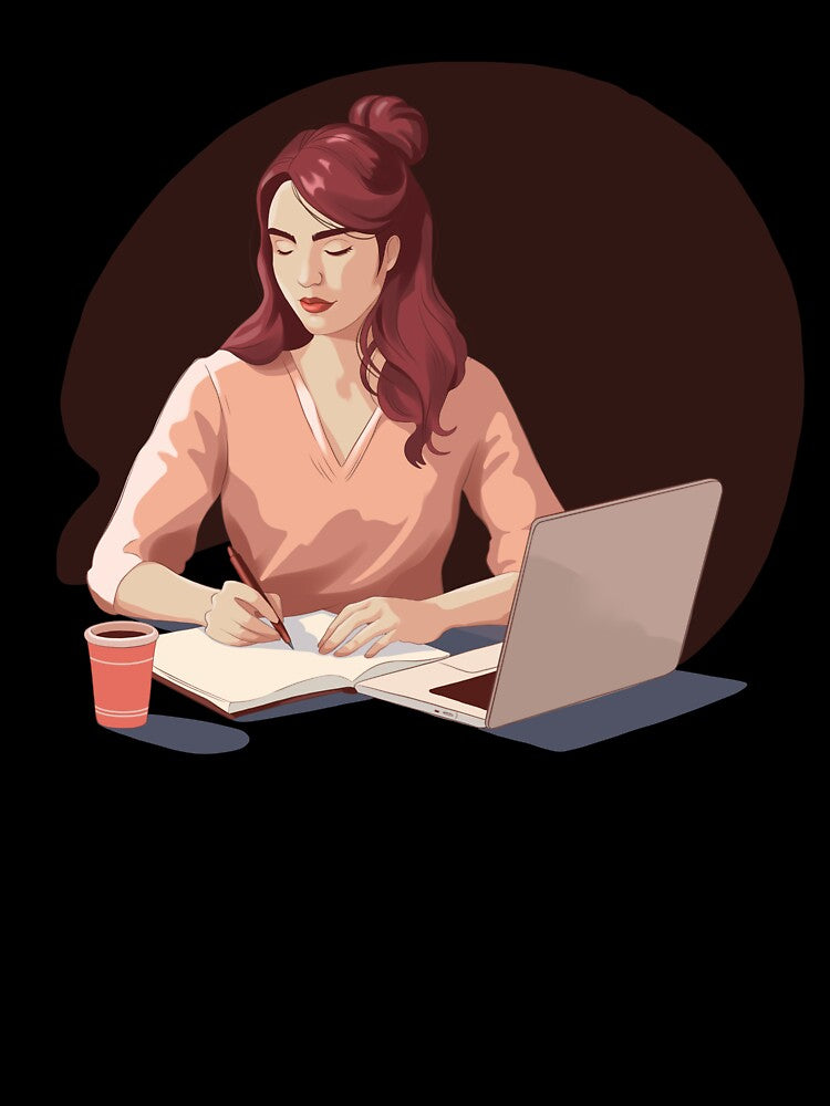 Female freelancer studying and taking notes at workspace. by Ms. Iryna