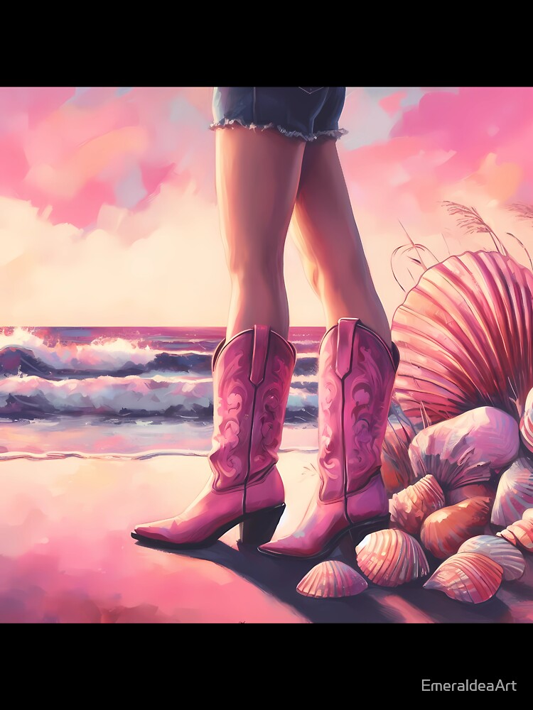 Sands, Shells, and Cowgirl Spells, Ocean Hues with Pink Boots Swells by EmeraldeaArt