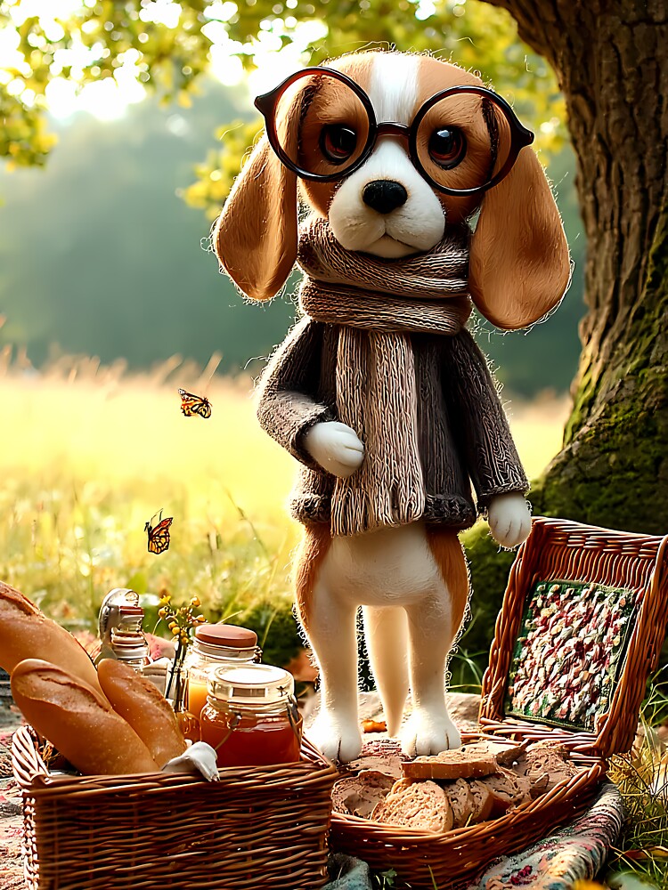 Cozy Cottagecore Picnic Under Oak Tree - Felt Beagle Character by BadBeaverDesign