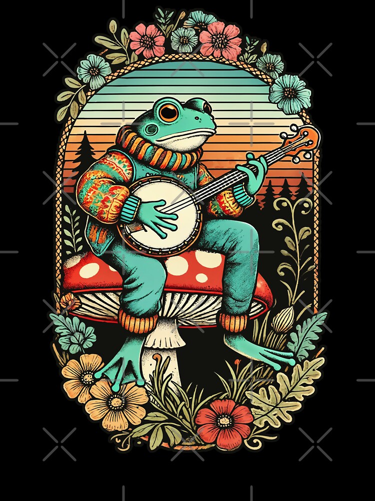 Vintage Sunset Banjo-Playing Frog on Mushroom Cottagecore Folk Design by Victor Shadehorn