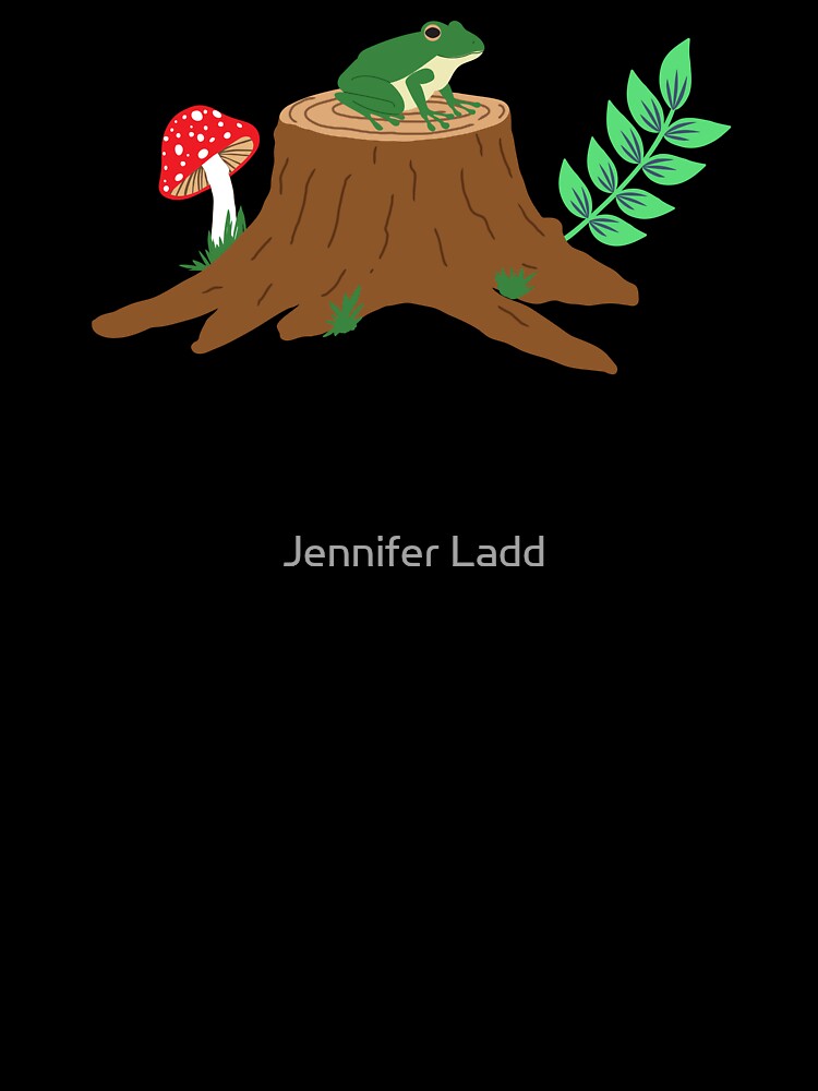 Frog on a tree stump with a mushroom by Jennifer Ladd