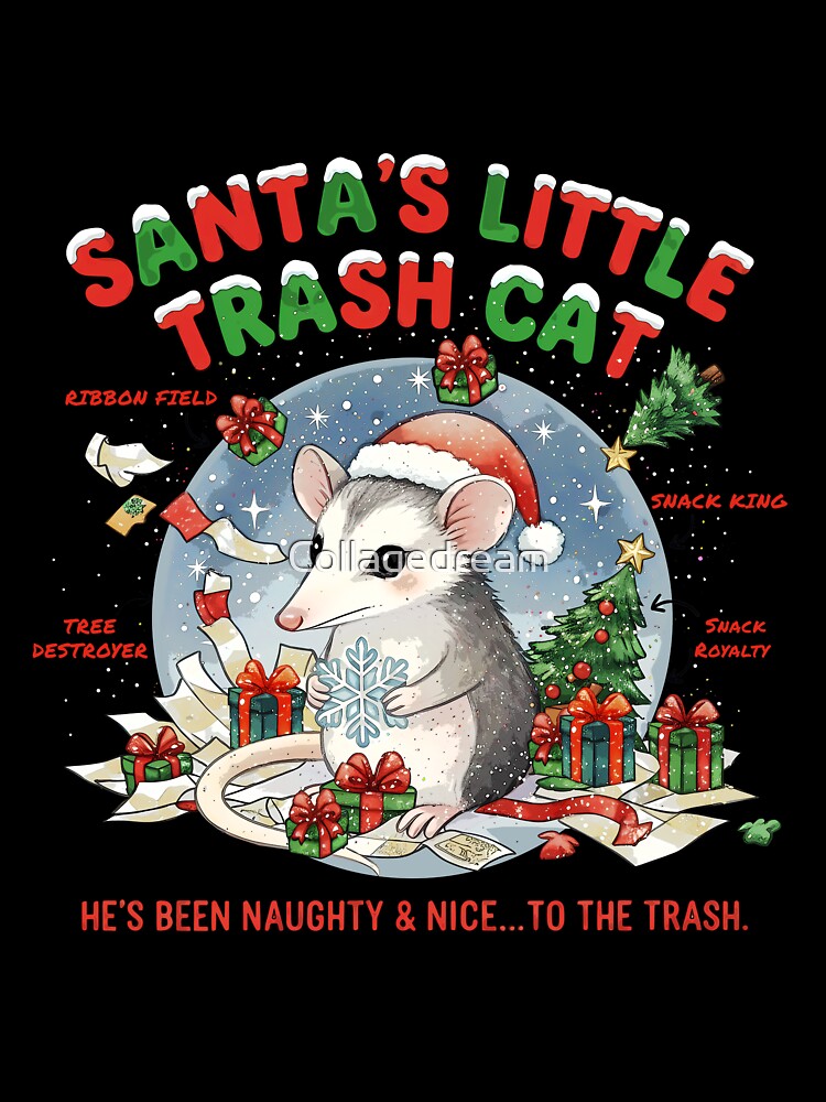 Cute Kawaii Christmas opossum - Santa's Little Trash Cat Opossum Christmas - Funny Naughty Possum Xmas by Collagedream