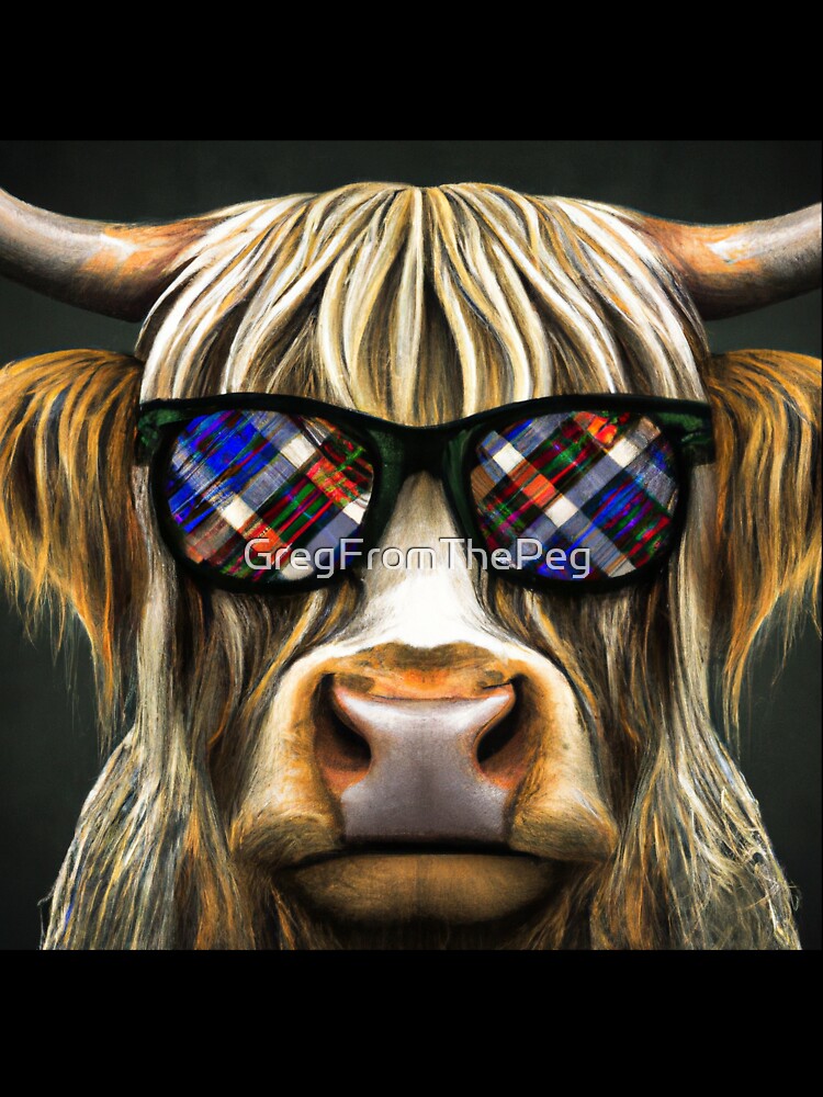 Cute Fluffy Highland Cow Wearing Sunglasses Reflecting Plaid by GregFromThePeg