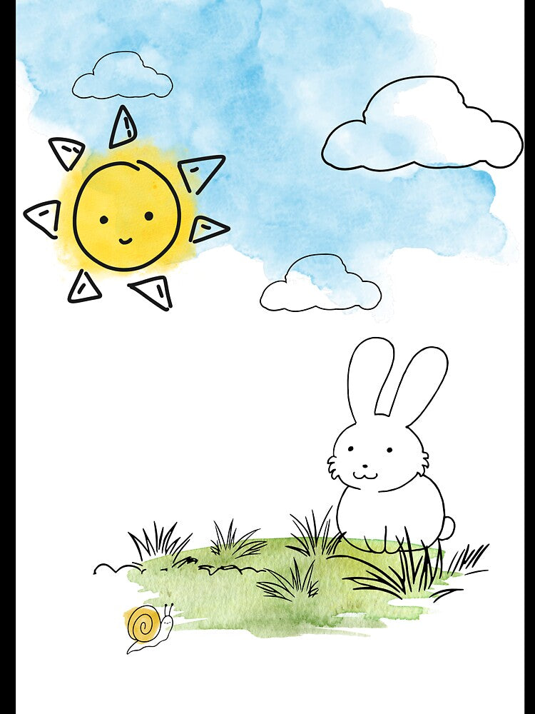 Playful Bunny and Snail – Watercolor & Line Art by AHrubnik