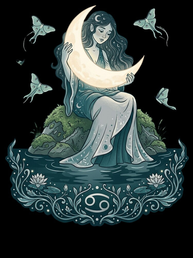 Cancer Whimsigoth Zodiac Art — Dark Lunar Water Sign Astrology Design by DriftingDoodle
