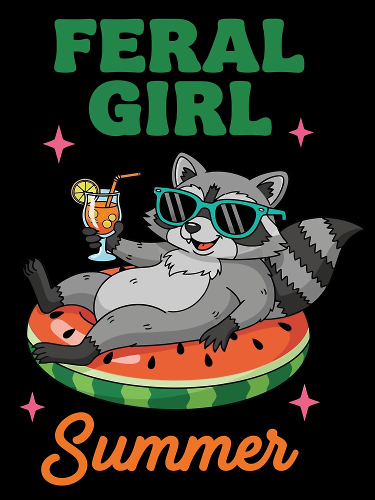 Feral Girl Summer – Raccoon on Watermelon Float Cartoon Design by NancyEstrada