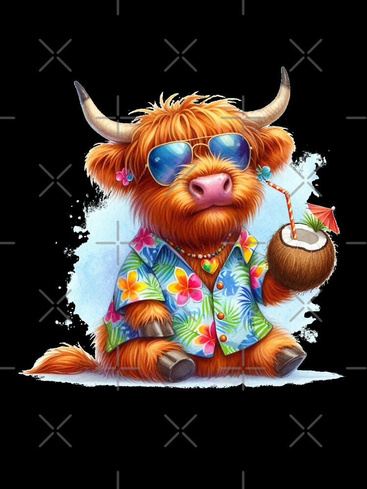 Scottish Highland Cow on Tropical Vacation Drinking a Cocktail in Shades in a Hawaiian Shirt Colorful Watercolor by MaedK