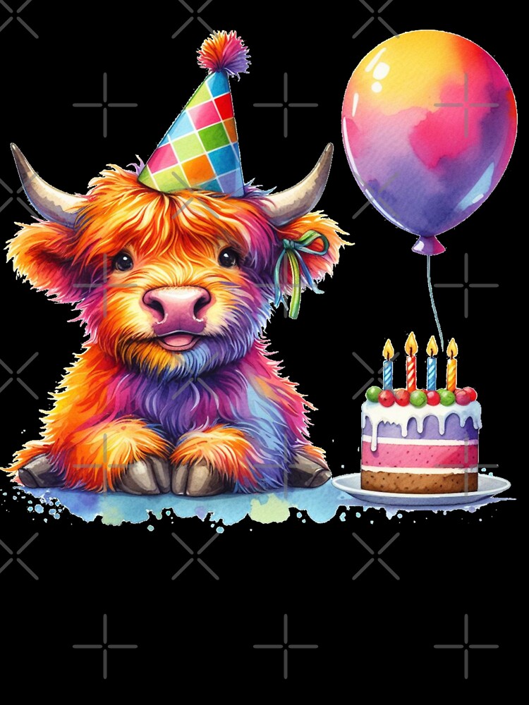 Scottish Highland Cow Calf Celebrating a Happy Birthday Colorful Watercolor by MaedK