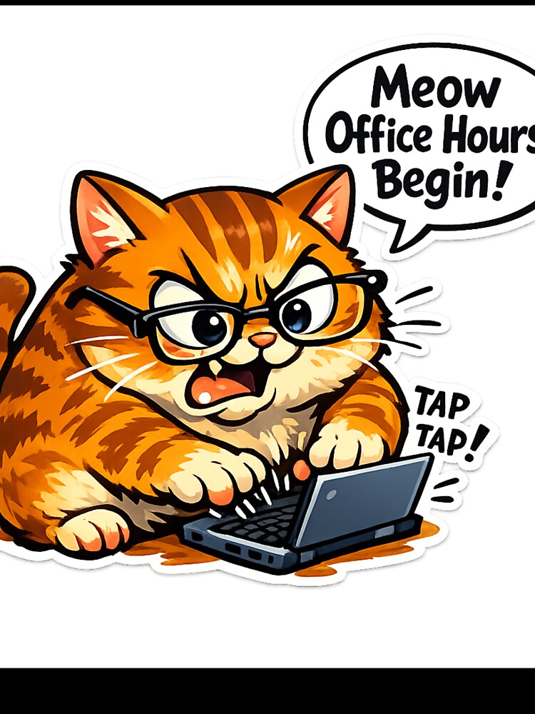 Meow Office Hours Begin – Funny Chubby Cat Working on Laptop Sticker by VibeVauilt