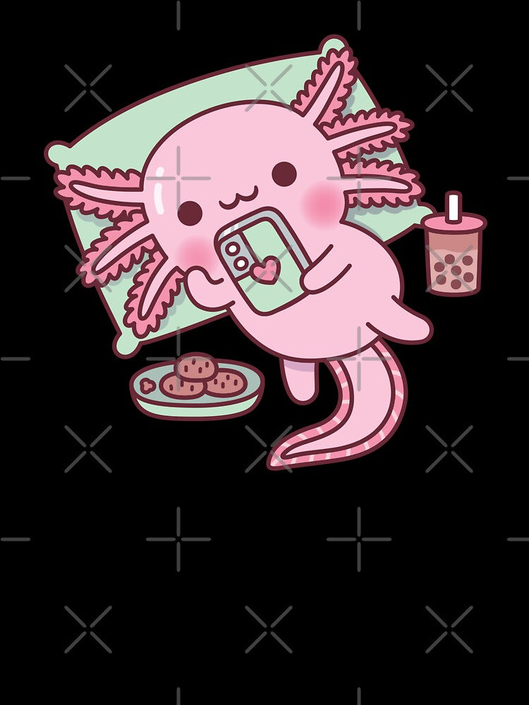 Cute Axolotl Chilling With Handphone Boba Tea And Cookies by rustydoodle