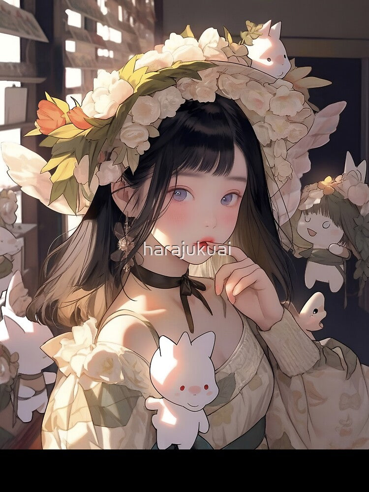 Anime Fairy Portrait Wearing Floral Hat by harajukuai