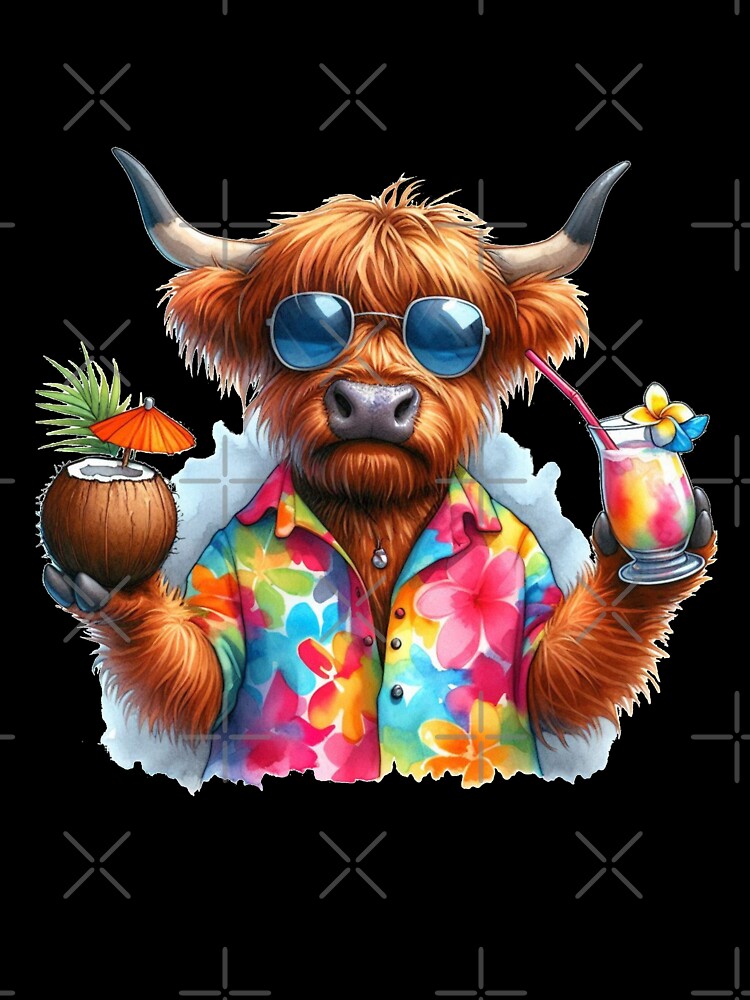 Scottish Highland Cow on Tropical Vacation Drinking Cocktails in Shades in a Hawaiian Shirt Colorful Watercolor by MaedK